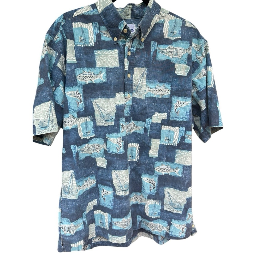 Reyn‎ Spooner Shirt Mens L Blue Marlin AOP Hawaiian Nautical Fish 1/4 Button Vtg